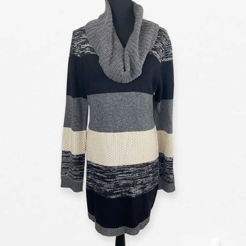 Maurice’s Knit Block Striped Cowl Neck Sweater Dress - Black, Gray, Cream XL